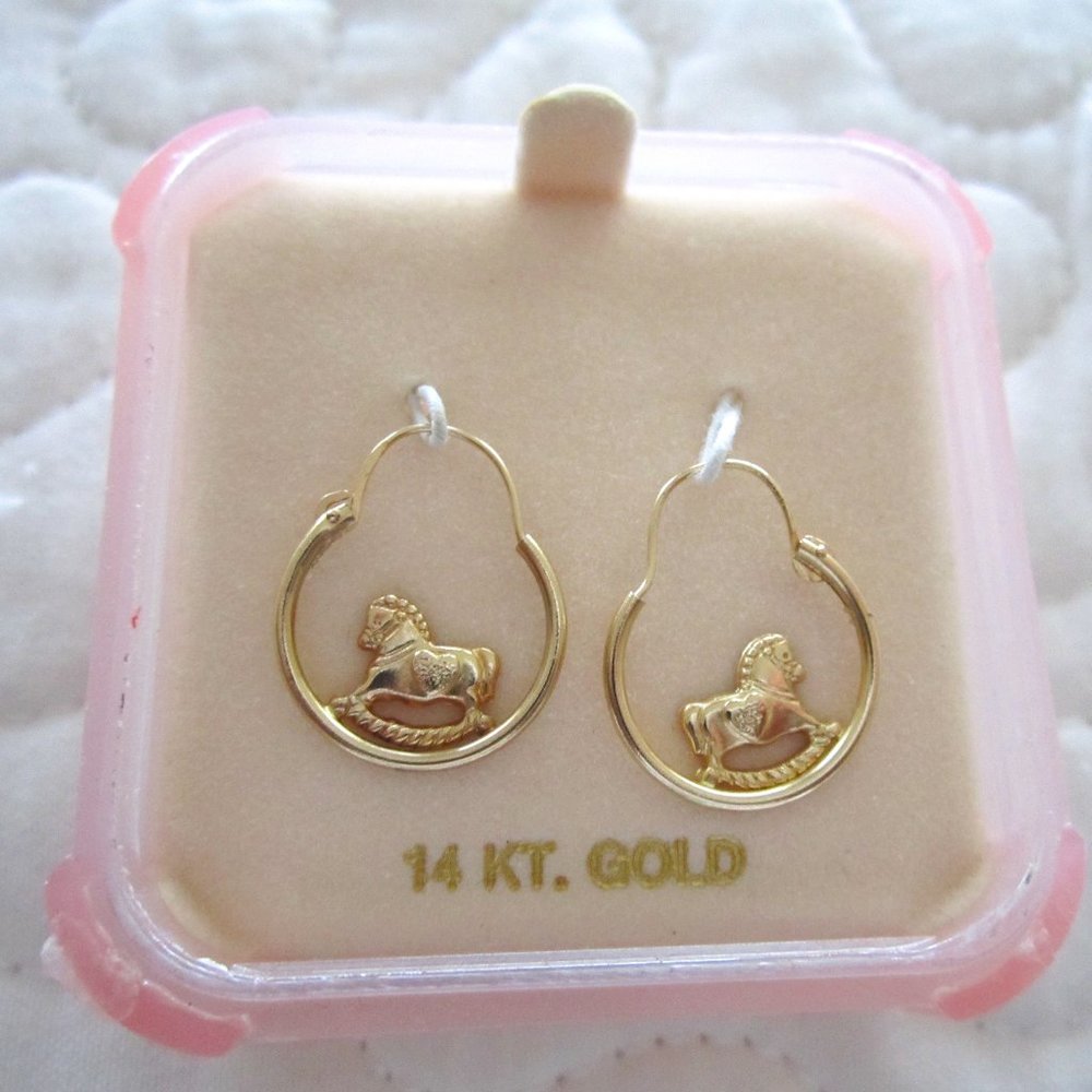 Vintage 14KT Gold Rocking Horse Hoop Earrings